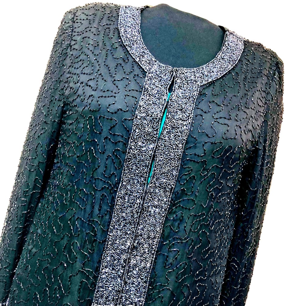 Vintage‎ Laurence Kazar Womens Silk Top XL Beaded Evening Holiday Old Money